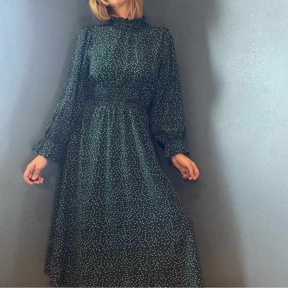 Green & White Long Sleeve High Neck Polka Dot Dress Size Large - Picture 4 of 12